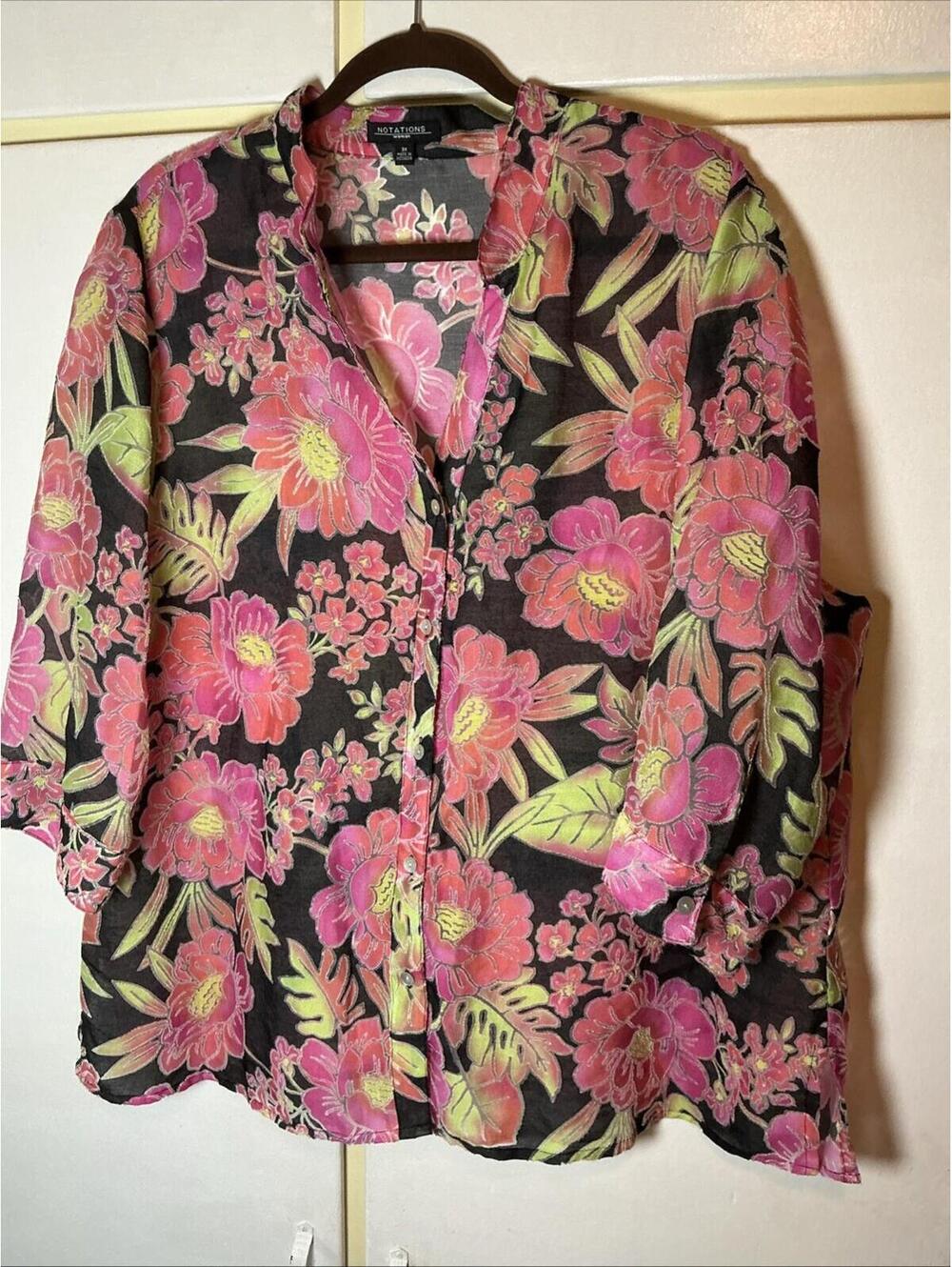 NOTATIONS Blouse Womens 3X Top Floral Button Up